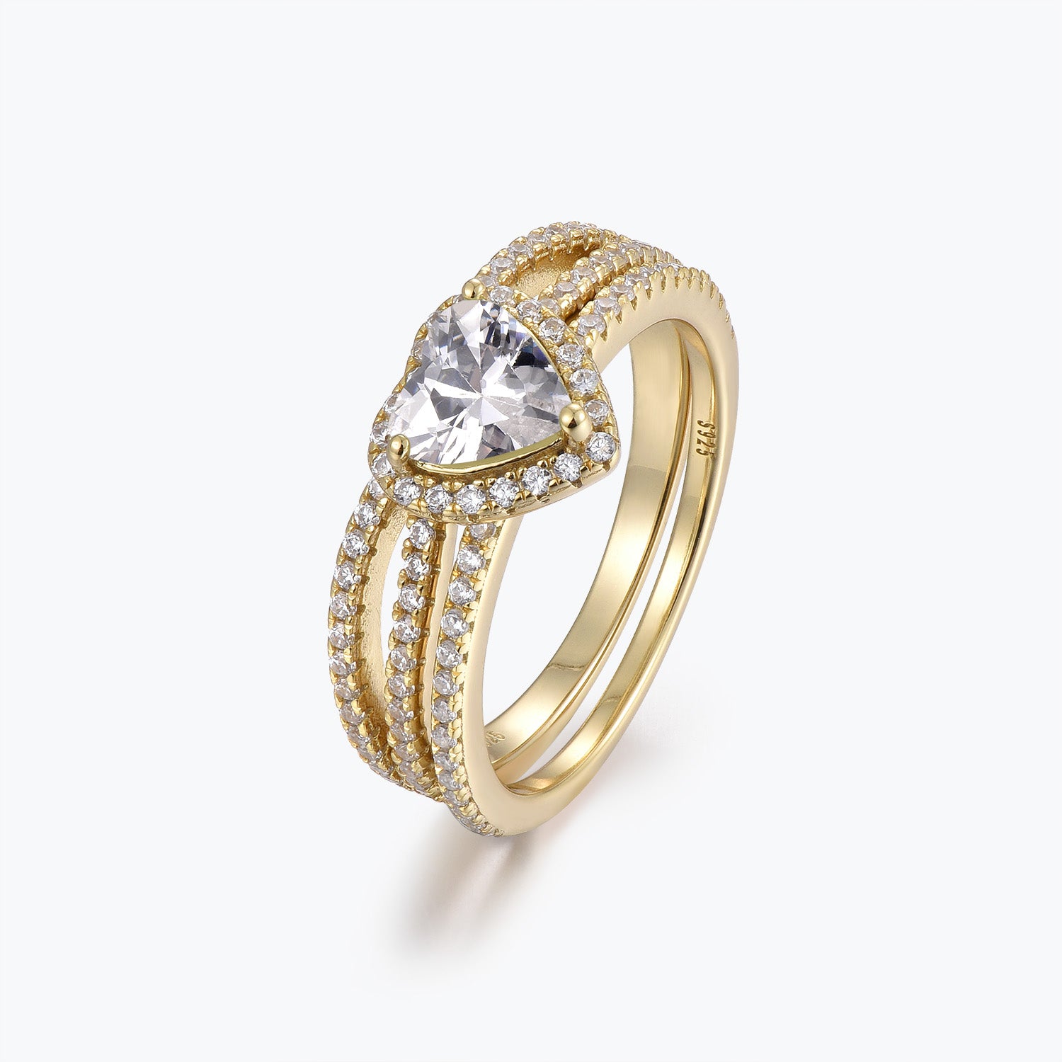 Dissoo® Gold Heart Moissanite Halo Engagement Ring and Crossover Pavé Wedding Ring