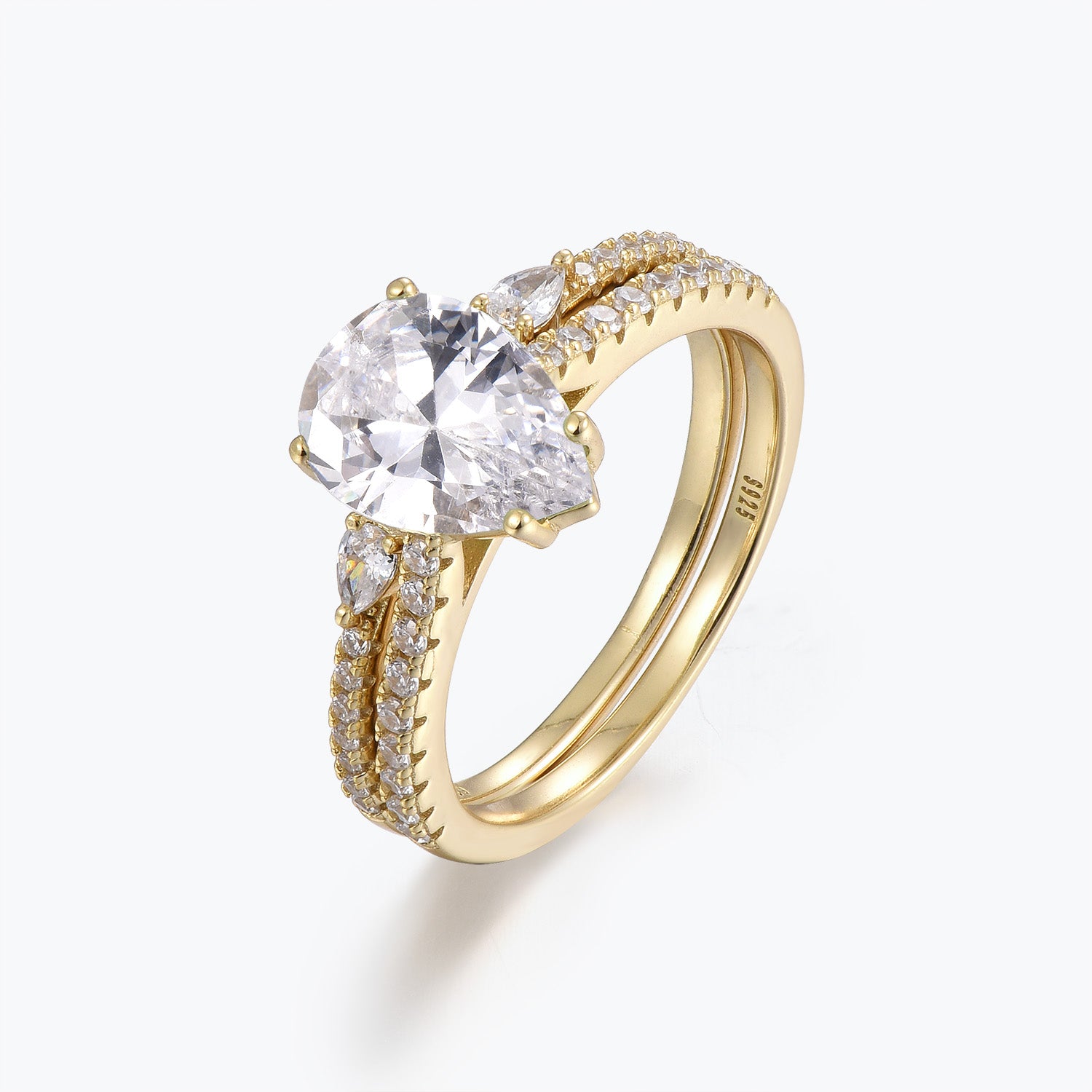 Dissoo® Gold Pear Moissanite Eternity Engagement Ring and Open-shank Wedding Ring