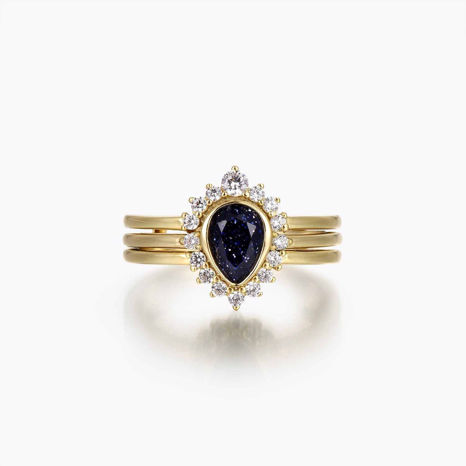 Dissoo® Pear Blue Goldstone Engagement Ring with Curved Stackable Double Band Ring