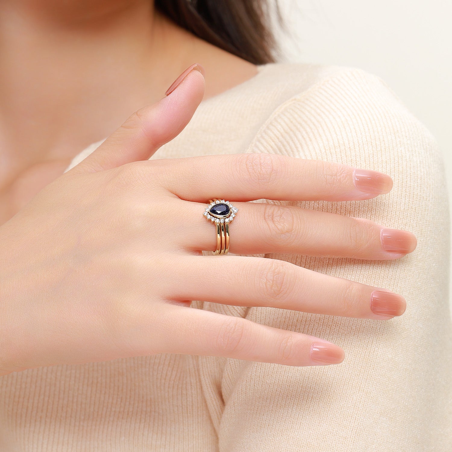 Dissoo® Pear Blue Goldstone Engagement Ring with Curved Stackable Double Band Ring
