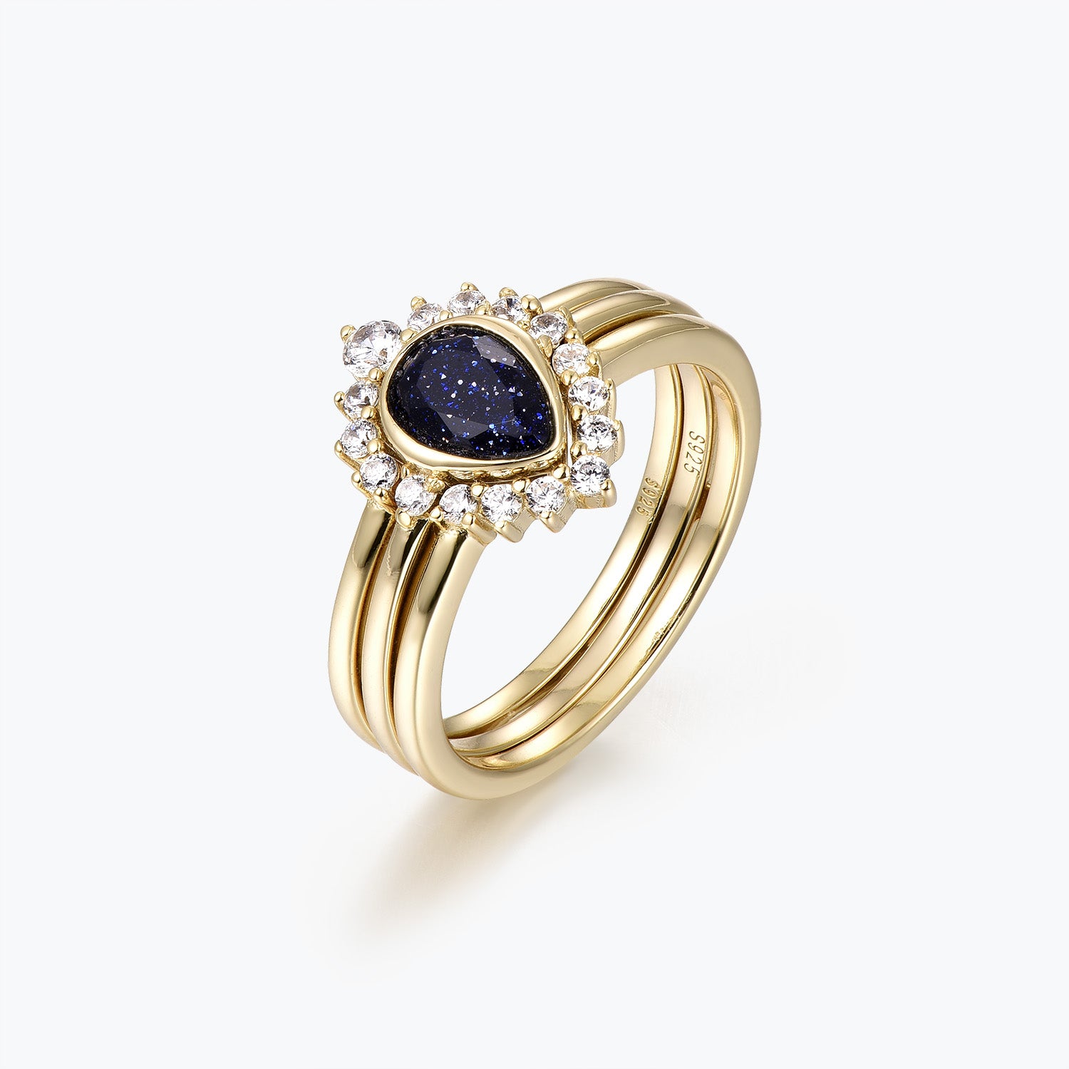 Dissoo® Pear Blue Goldstone Engagement Ring with Curved Stackable Double Band Ring