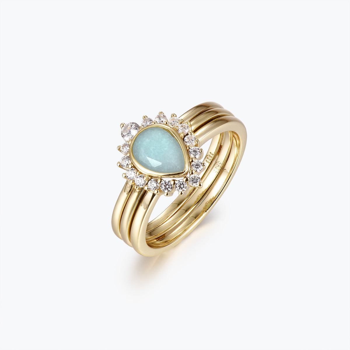 Dissoo® Gold Pear Amazonite Engagement Ring and Curved Stackable Double Band Wedding Ring