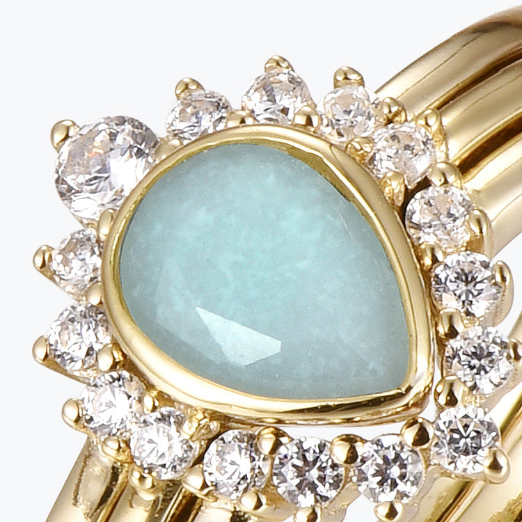 Dissoo® Gold Pear Amazonite Engagement Ring and Curved Stackable Double Band Wedding Ring
