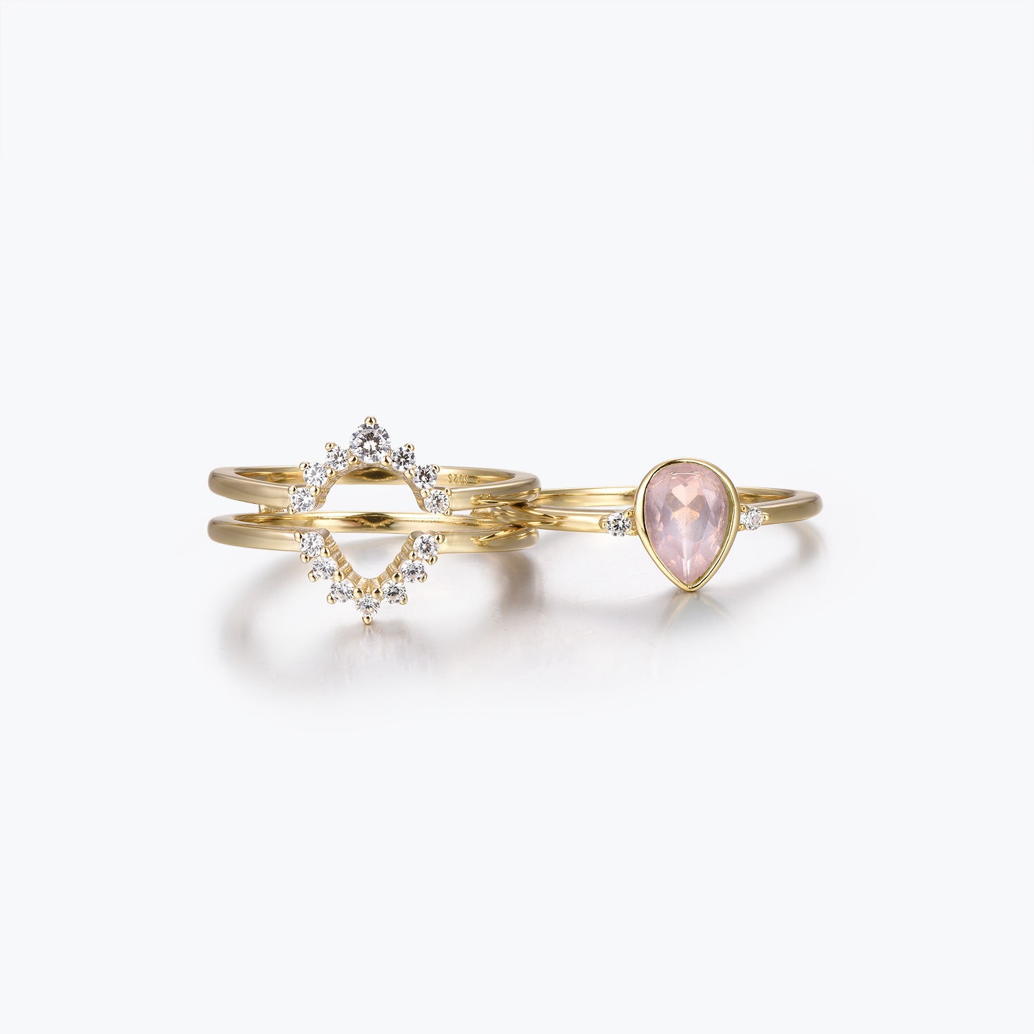 Dissoo® Pink Pear Solitaire Engagement Ring and Curved Double Row Wedding Stackable Ring