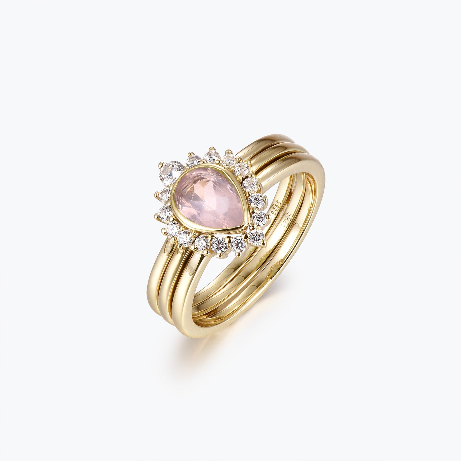 Dissoo® Pink Pear Solitaire Engagement Ring and Curved Double Row Wedding Stackable Ring