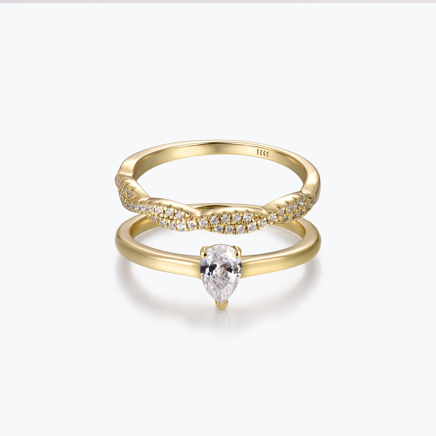 Dissoo® Gold Pear Solitaire Moissanite Engagement Ring and Crossover Pavé Wedding Ring