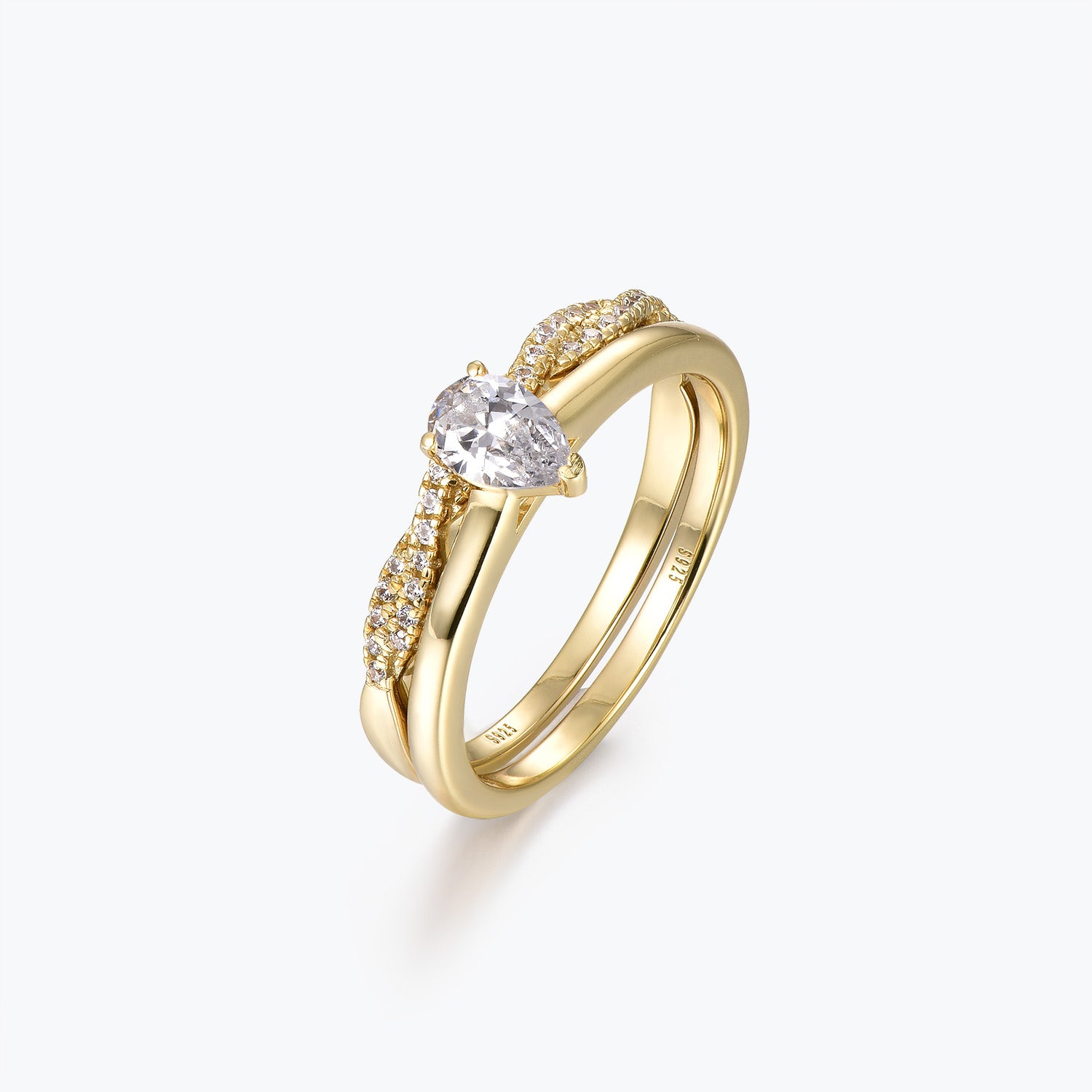 Dissoo® Gold Pear Solitaire Moissanite Engagement Ring and Crossover Pavé Wedding Ring