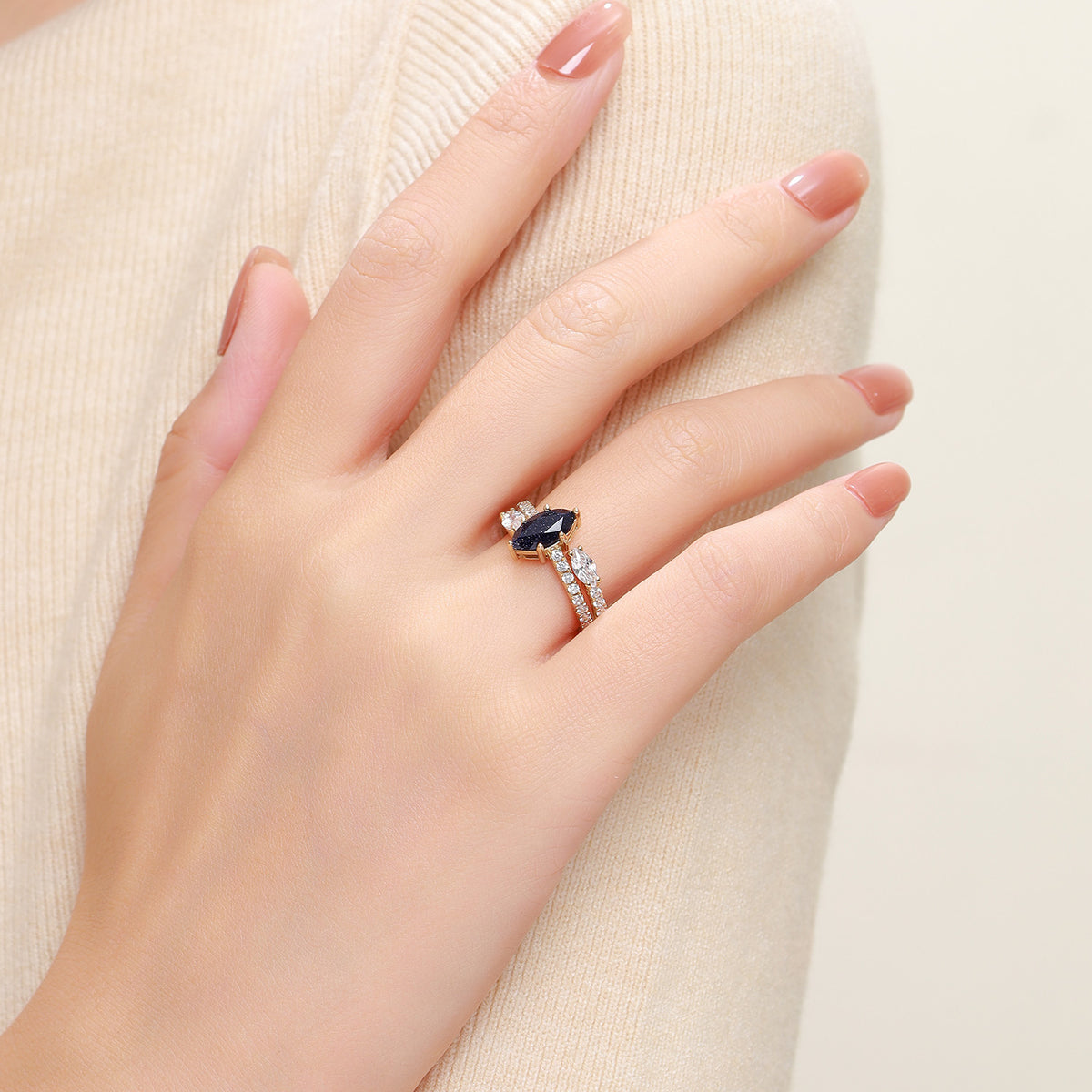 Dissoo® Marquise Blue Goldstone Half-Pavé Engagement Ring with Open-shank Wedding Ring