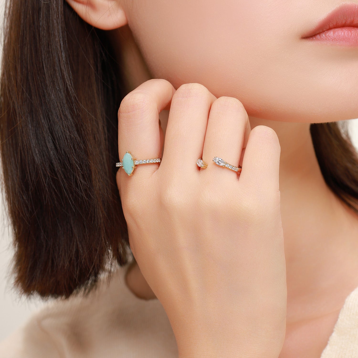 Dissoo® Marquise Amazonite Half-Pavé Engagement Ring with Open-shank Wedding Ring