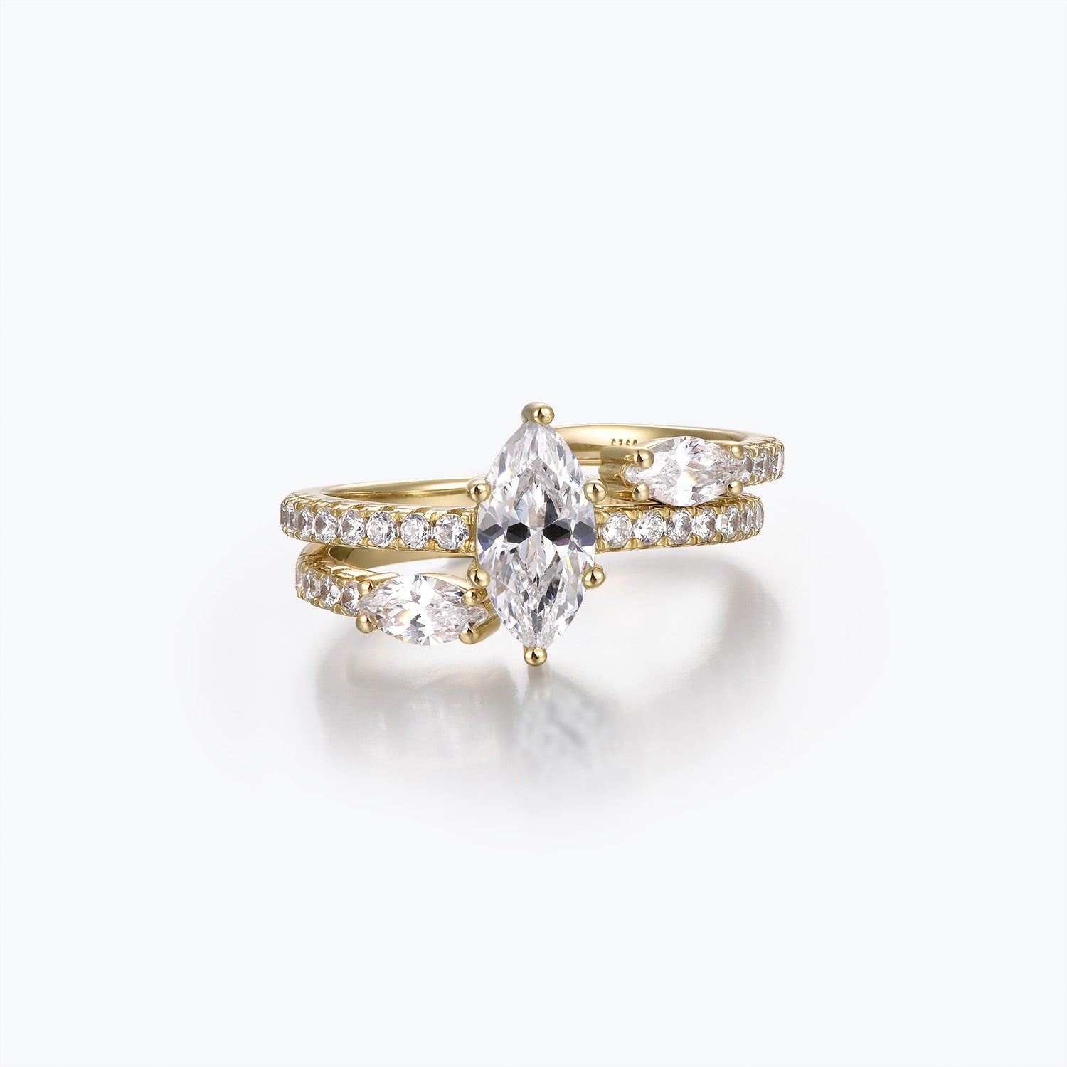 Dissoo® Marquise Moissanite Half-Pavé Engagement Ring and Open-shank Wedding Ring