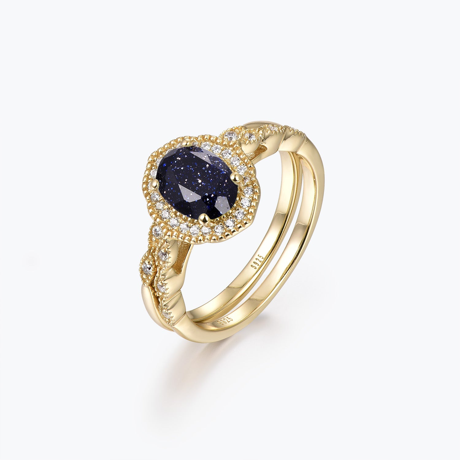 Dissoo® Oval Blue Goldstone Halo Engagement Ring with Gold Versailles Wedding Ring