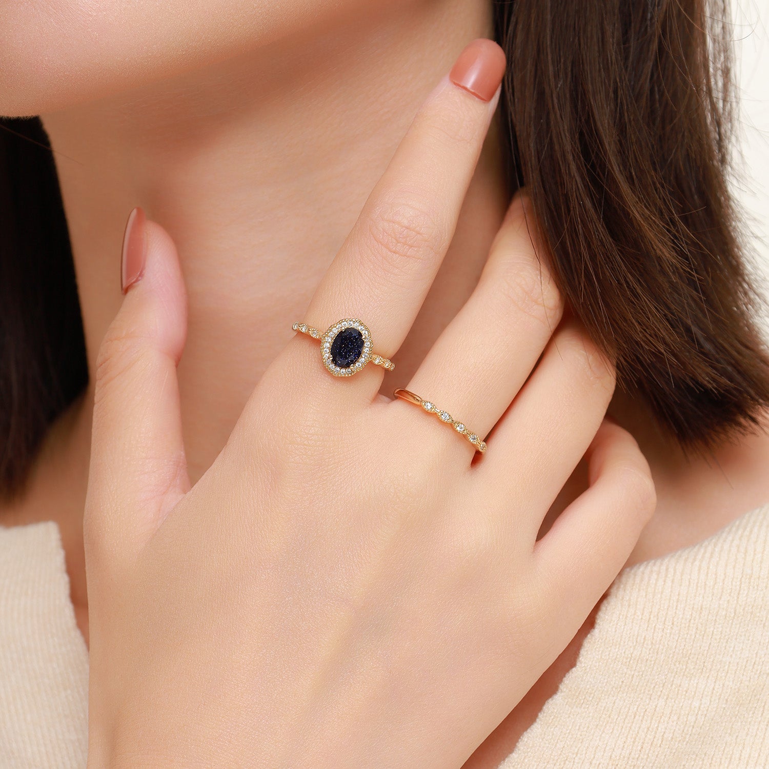 Dissoo® Oval Blue Goldstone Halo Engagement Ring with Gold Versailles Wedding Ring