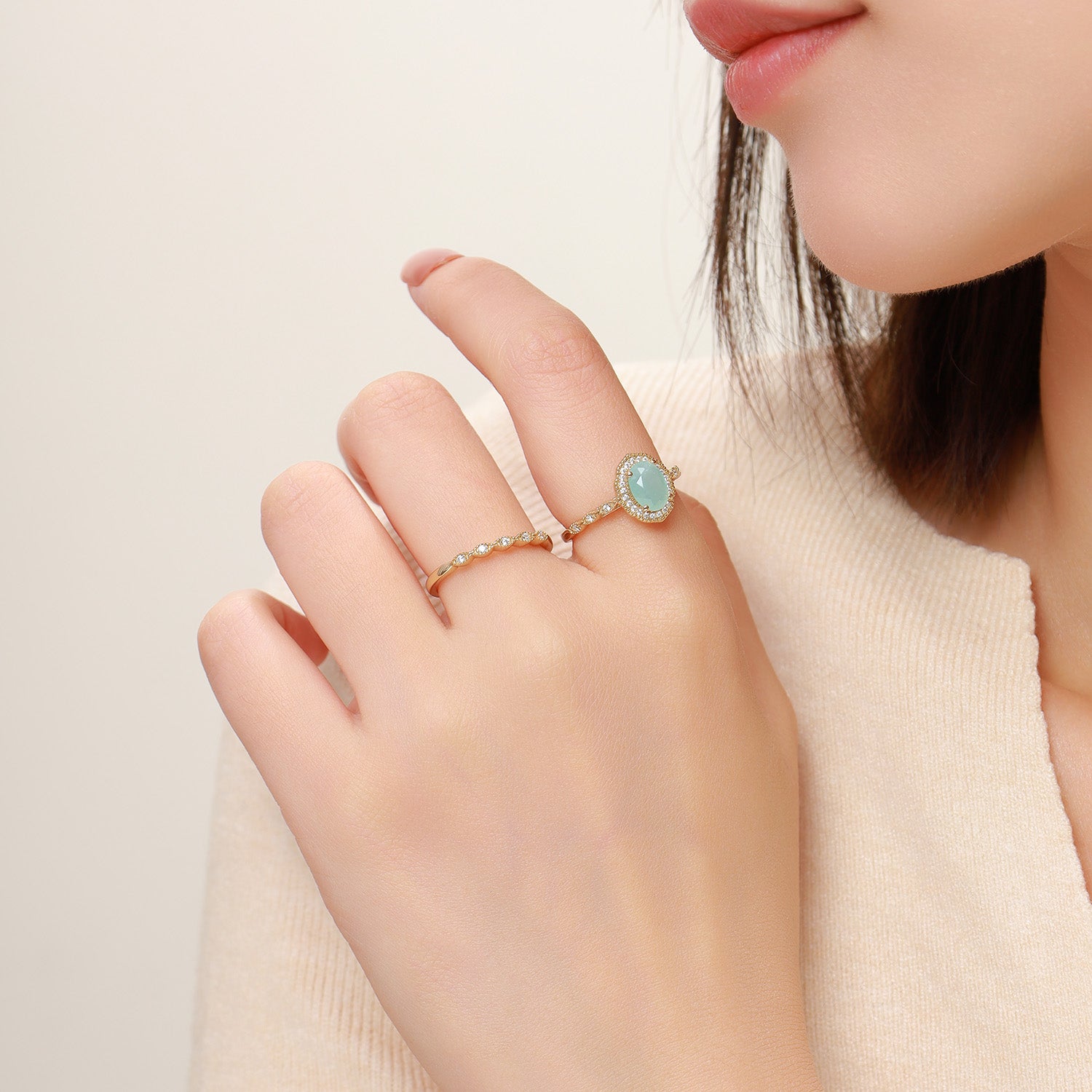Dissoo® Oval Amazonite Halo Engagement Ring with Gold Versailles Wedding Ring