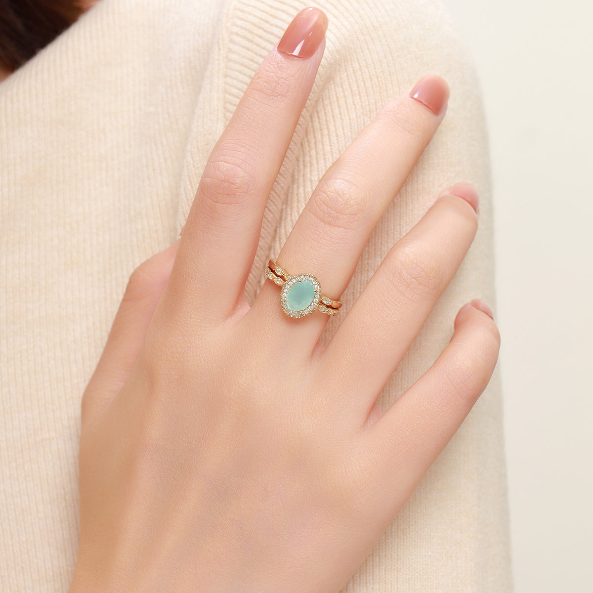 Dissoo® Oval Amazonite Halo Engagement Ring with Gold Versailles Wedding Ring