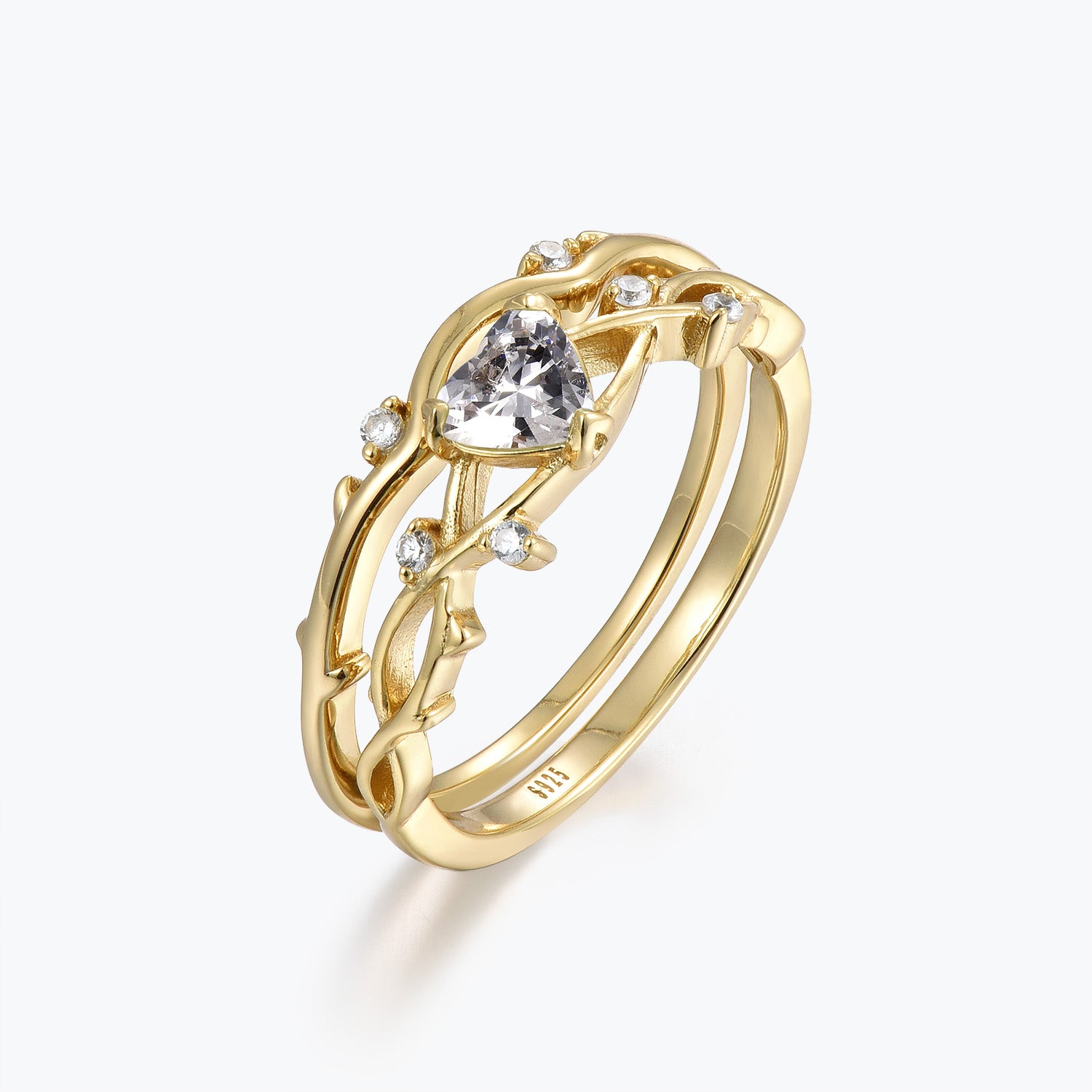 Dissoo® Gold Winding Willow Heart Moissanite Engagement Ring and Willow Twig Wedding Ring