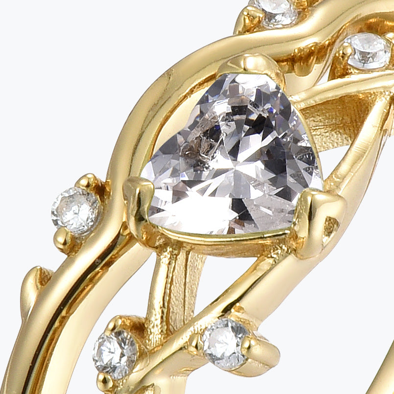 Dissoo® Gold Winding Willow Heart Moissanite Engagement Ring and Willow Twig Wedding Ring