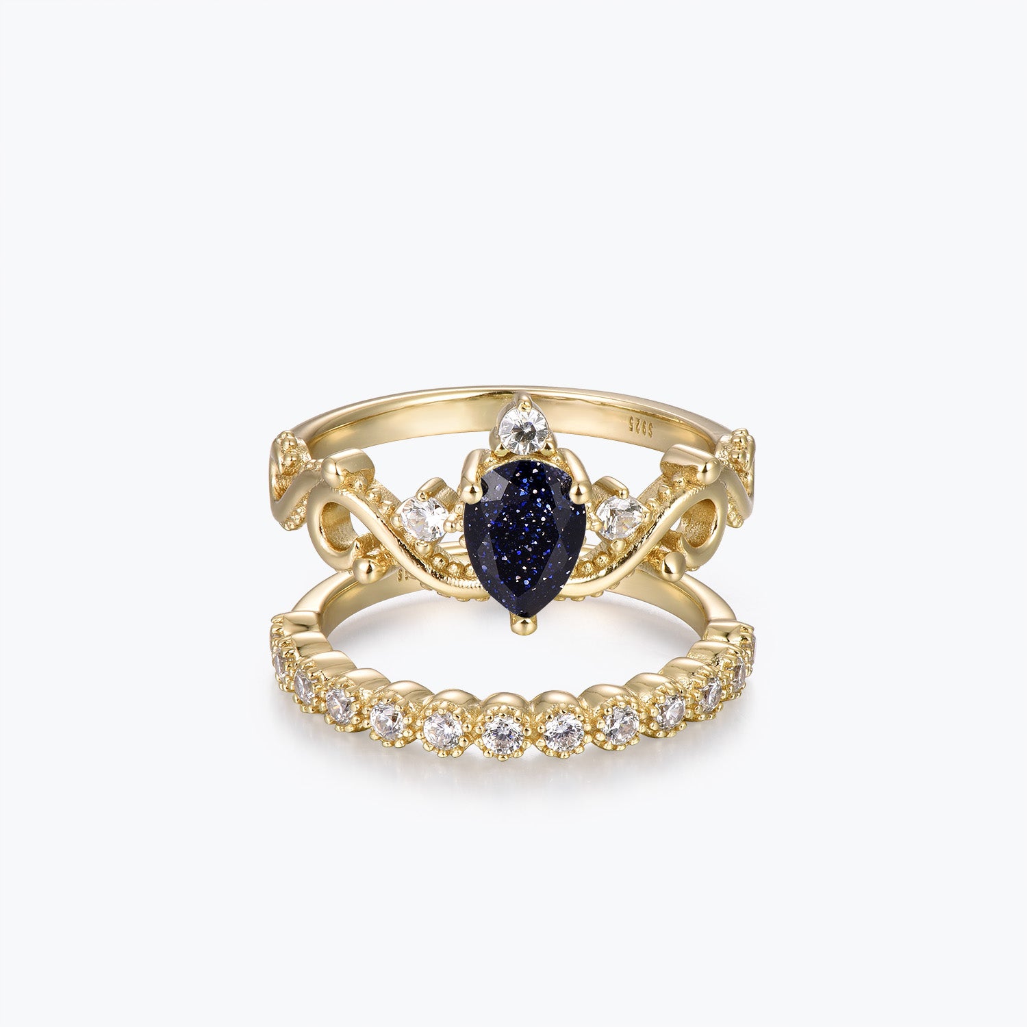 Dissoo® Victorian Lace Blue Goldstone Engagement Ring and Round Half Eternity Moissanite Wedding Ring