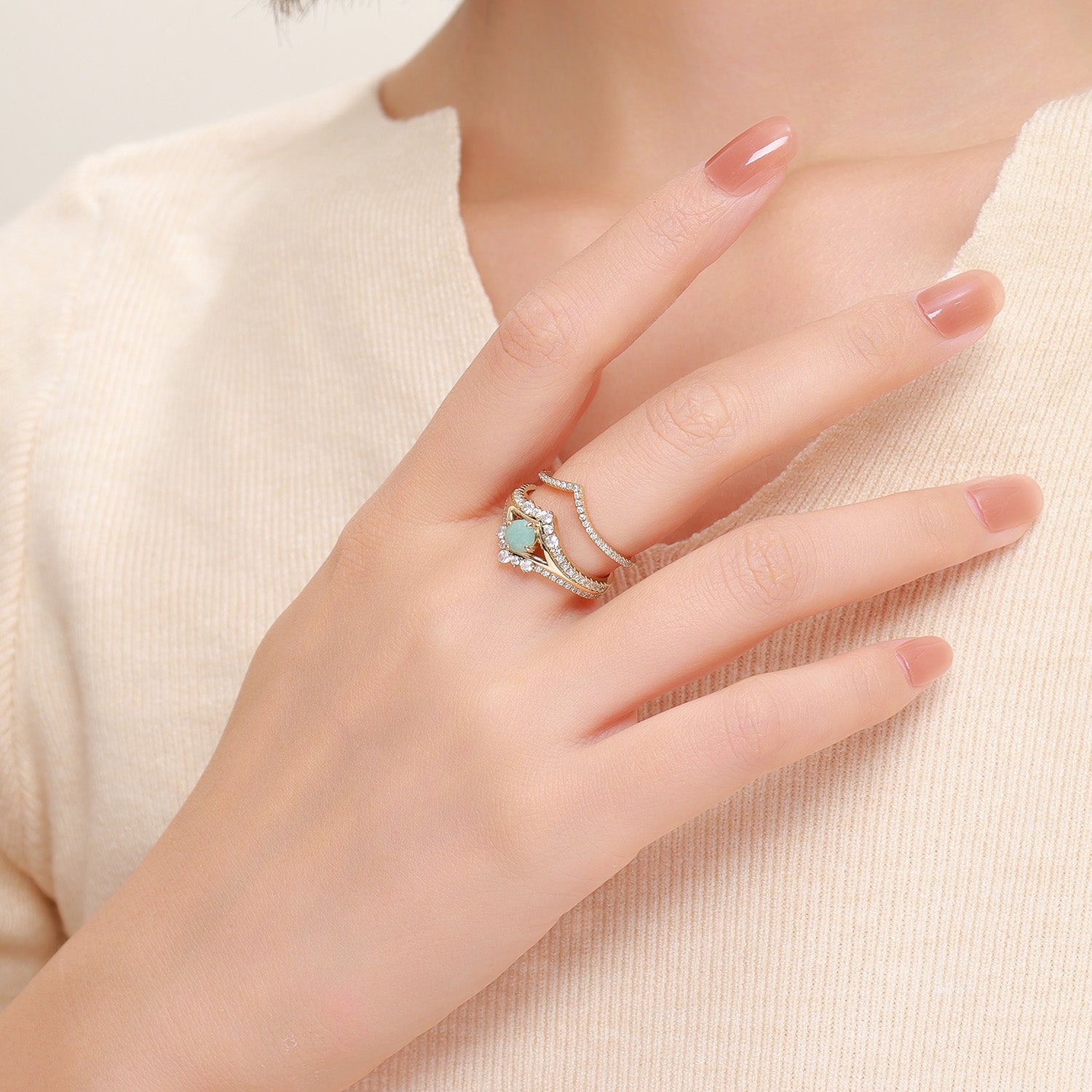 Dissoo® Round Amazonite Split Pavé Engagement Ring and V Shaped Moissanite Wedding Ring