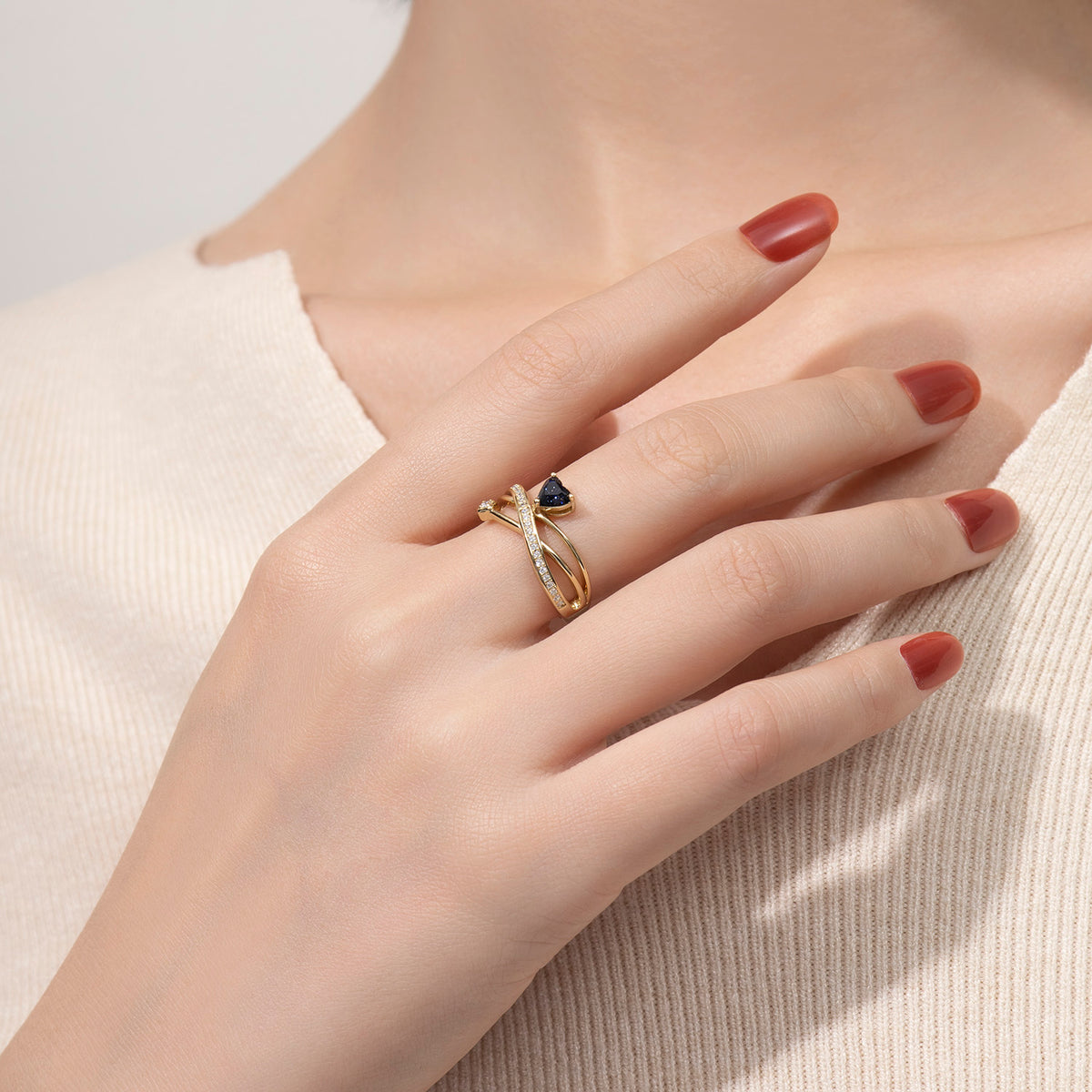 Dissoo® Heart Blue Goldstone Multi-Row Crossover Engagement Ring in Gold Vermeil