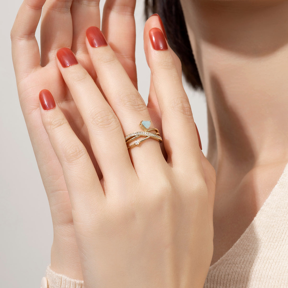 Dissoo® Heart Amazonite Multi-Row Crossover Engagement Ring in Gold Vermeil
