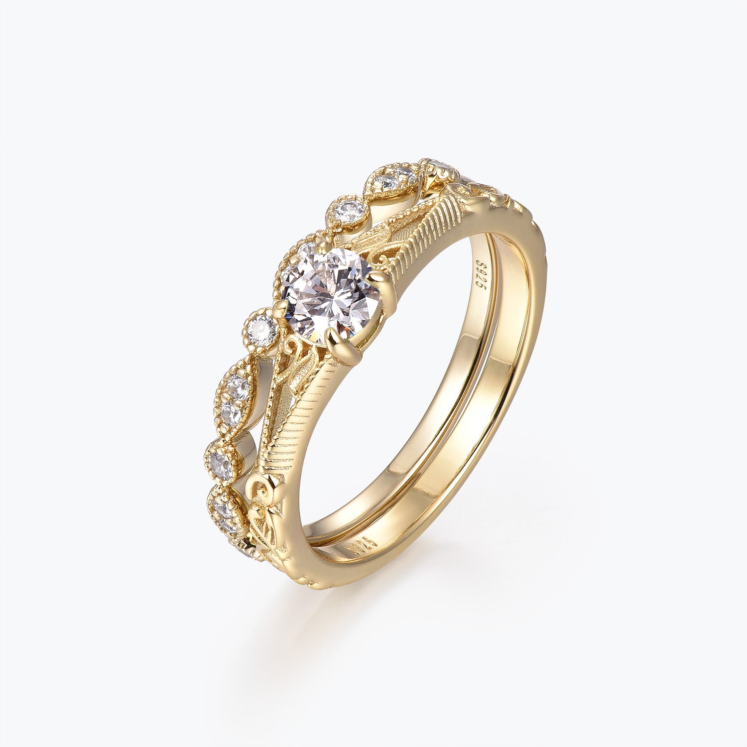 Dissoo® Gold Engraved Pattern and Versailles Moissanite Bridal Set