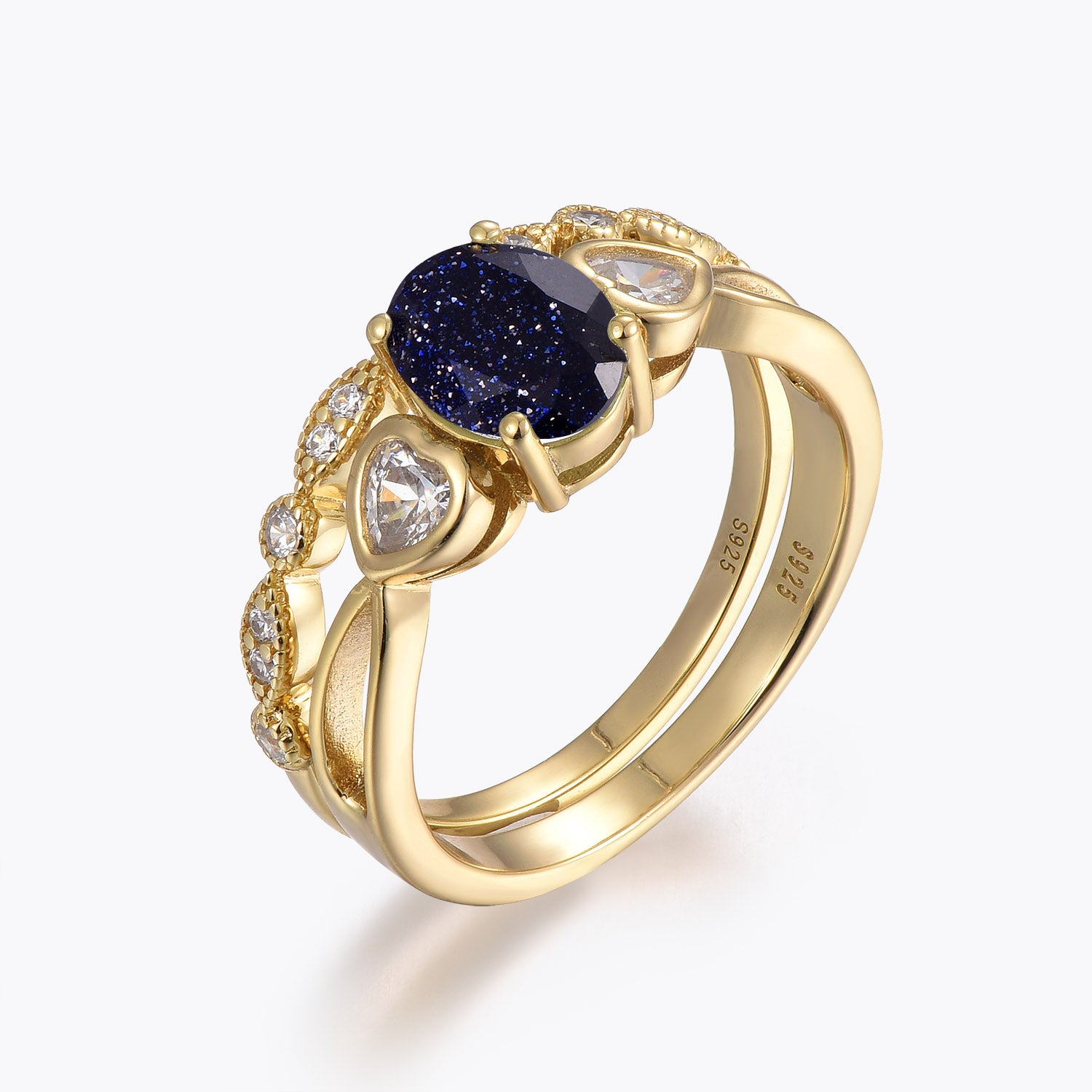 Dissoo® Love Bridge Blue Goldstone Engagement Ring and Versailles Moissanite Wedding Ring