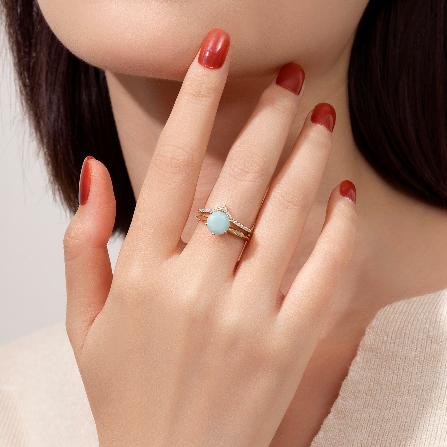 Dissoo® Round Amazonite Multi-faceted Engagement Ring and V Shaped Pavé Wedding Ring