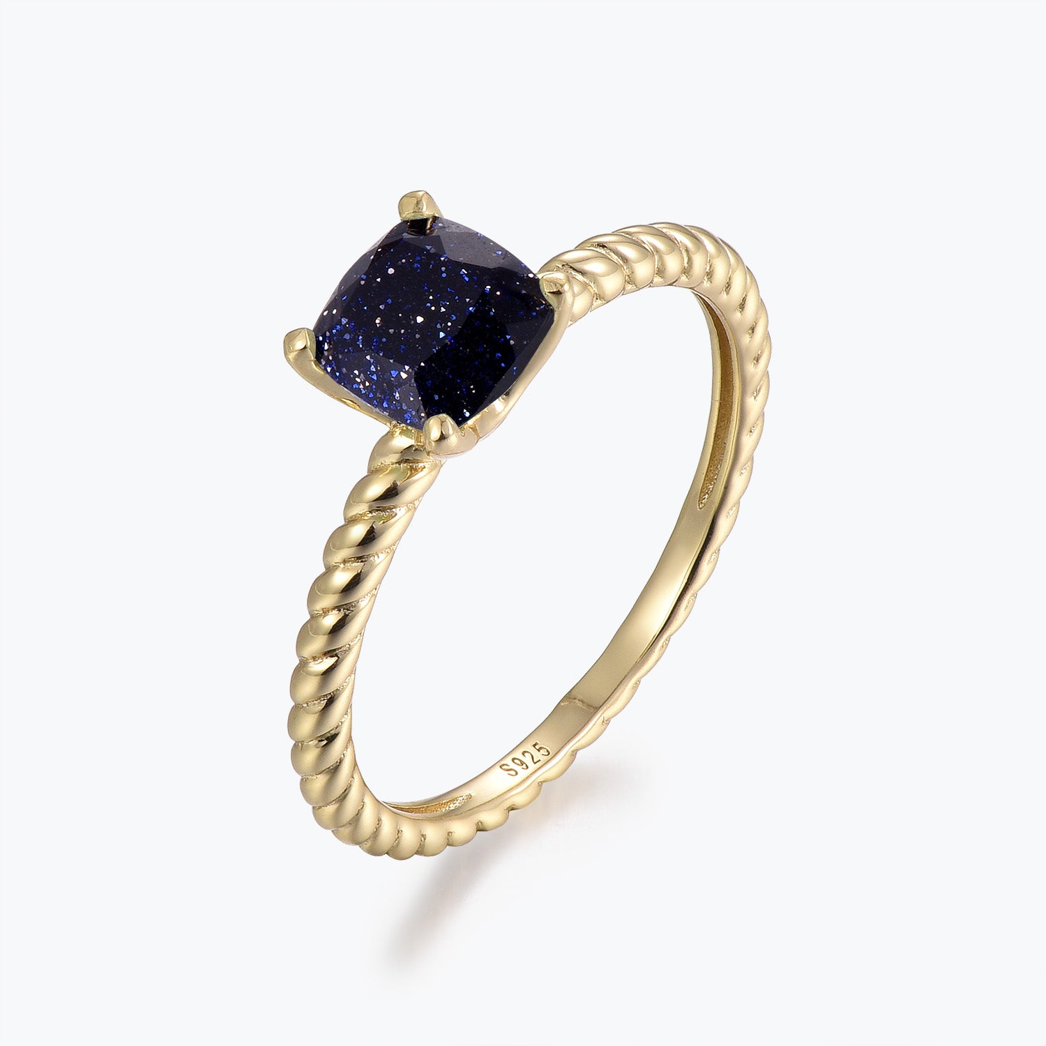 Dissoo® Yellow Gold Cushion Blue Goldstone Solitaire Twisted Engagement Ring