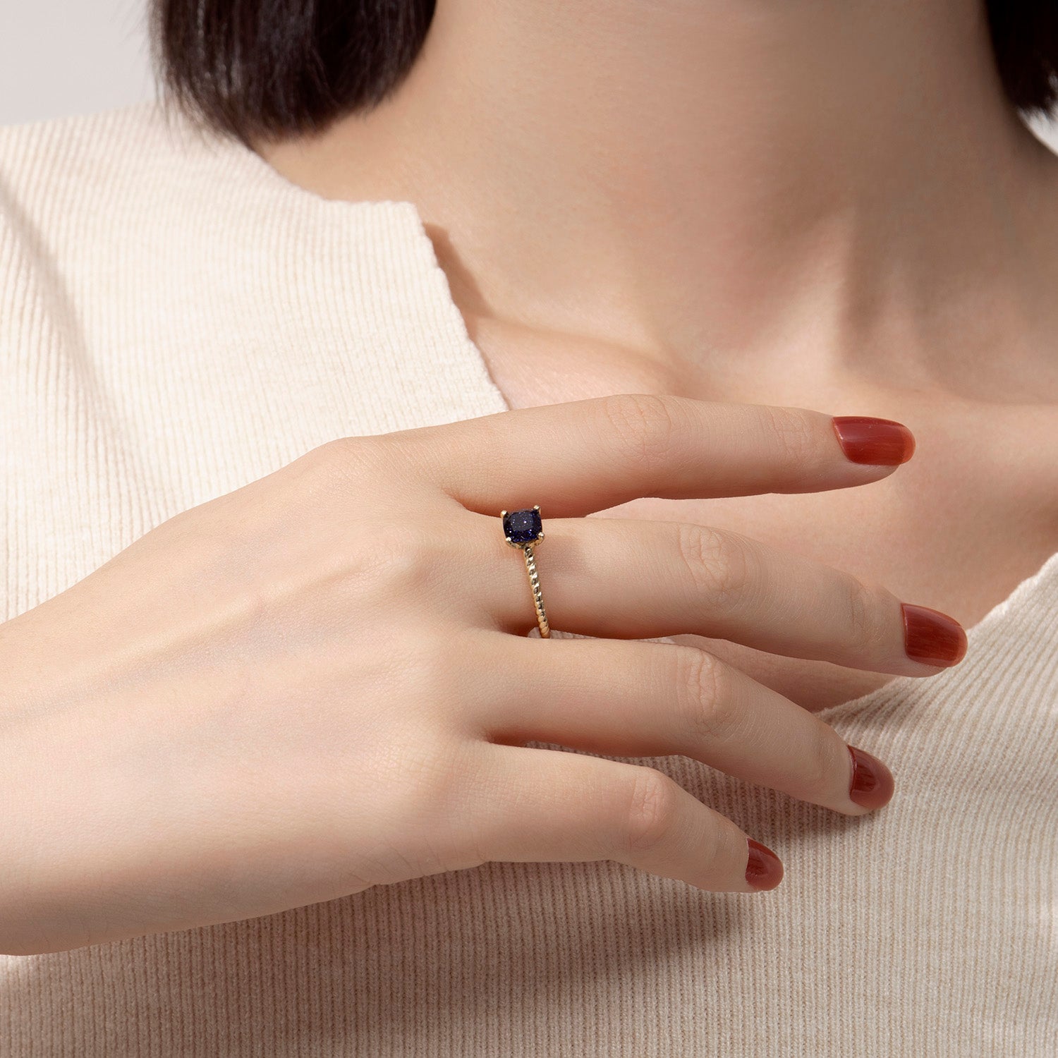 Dissoo® Yellow Gold Cushion Blue Goldstone Solitaire Twisted Engagement Ring