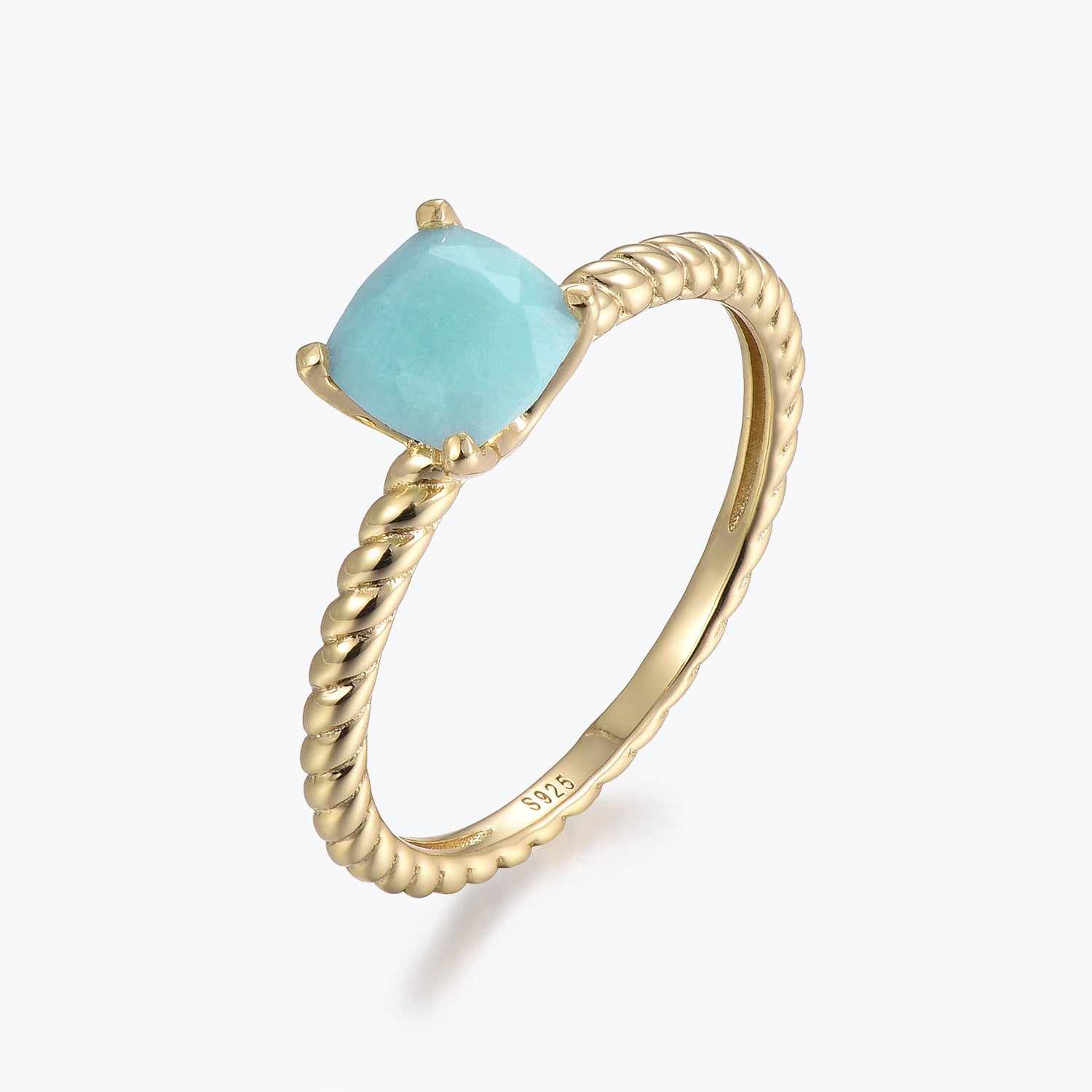 Dissoo® Yellow Gold Cushion Amazonite Solitaire Twisted Engagement Ring