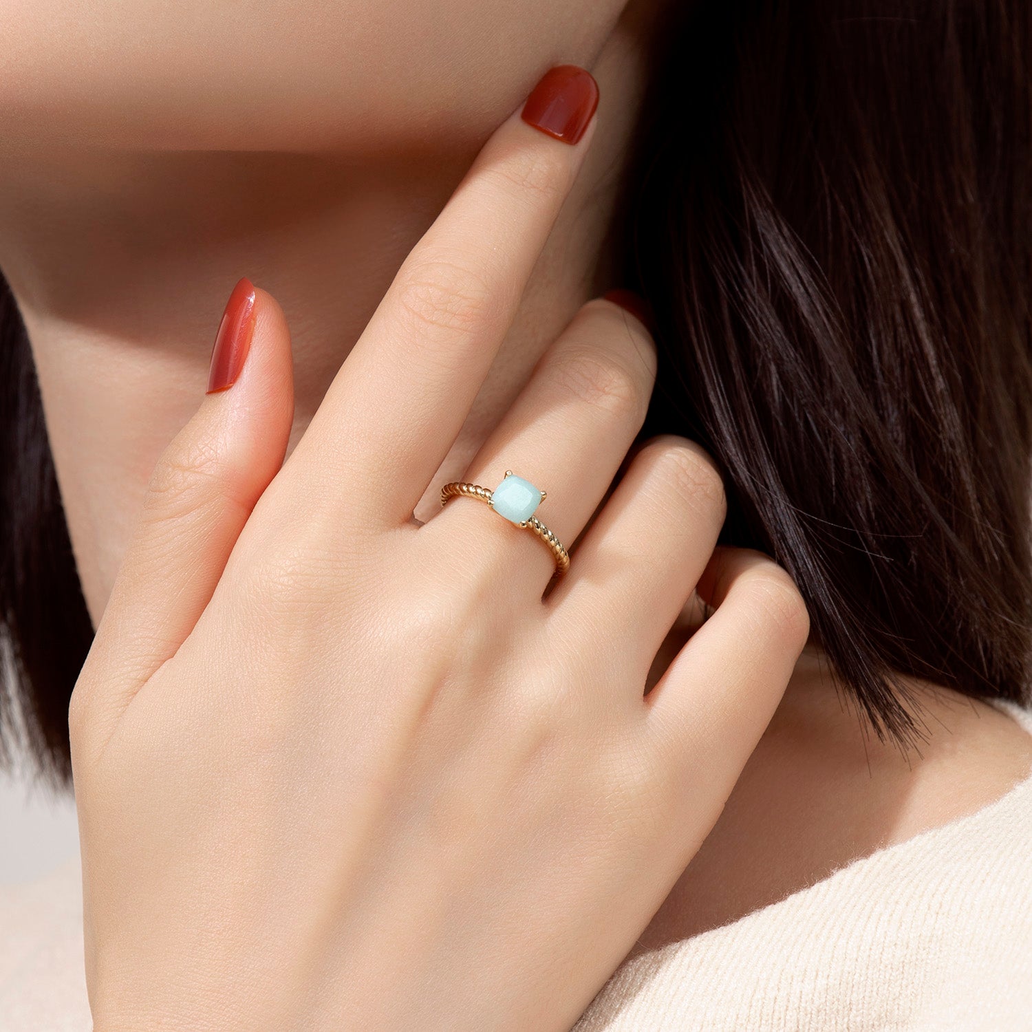 Dissoo® Yellow Gold Cushion Amazonite Solitaire Twisted Engagement Ring
