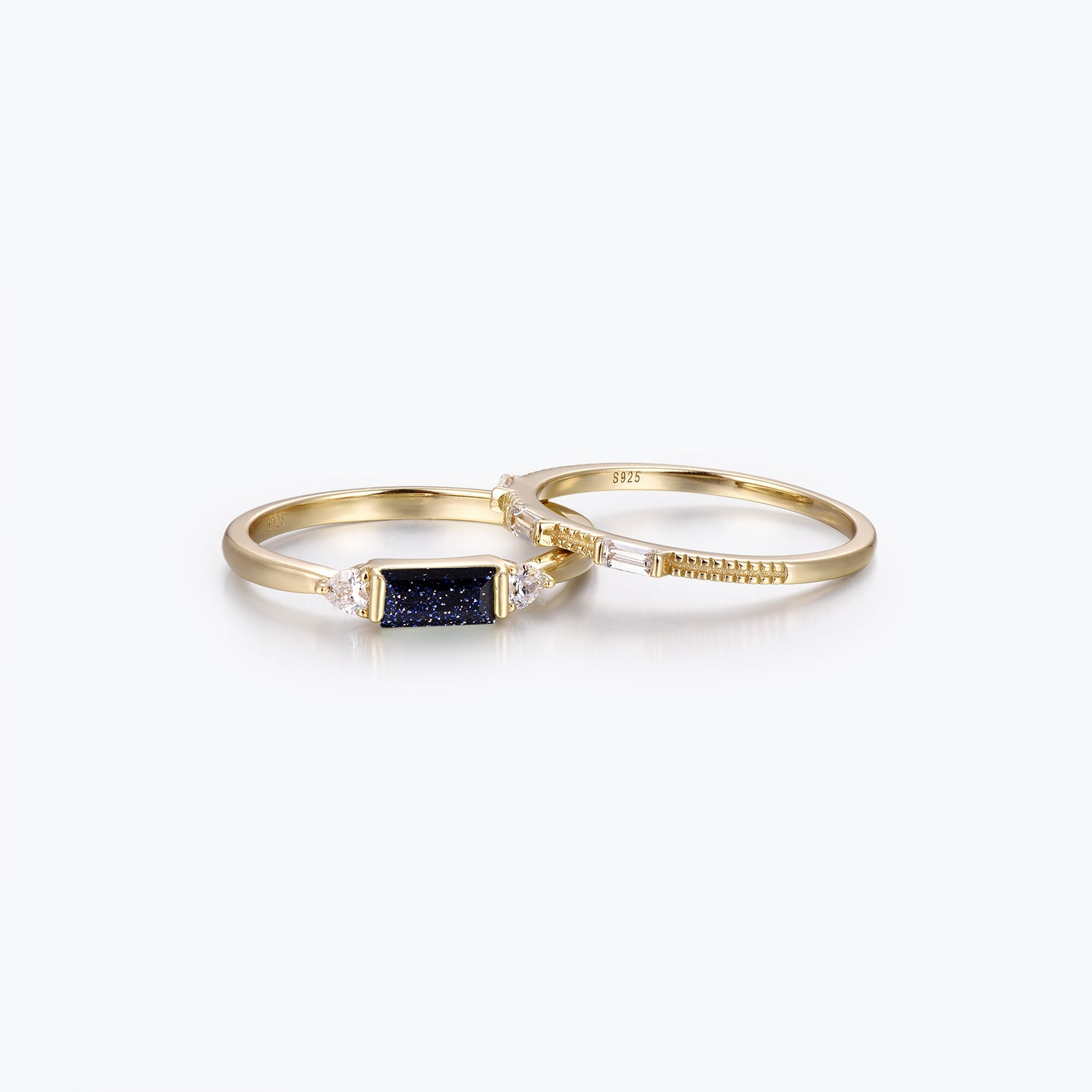 Dissoo® Baguette Blue Goldstone Engagement Ring and Three Baguette Moissanite Wedding Ring