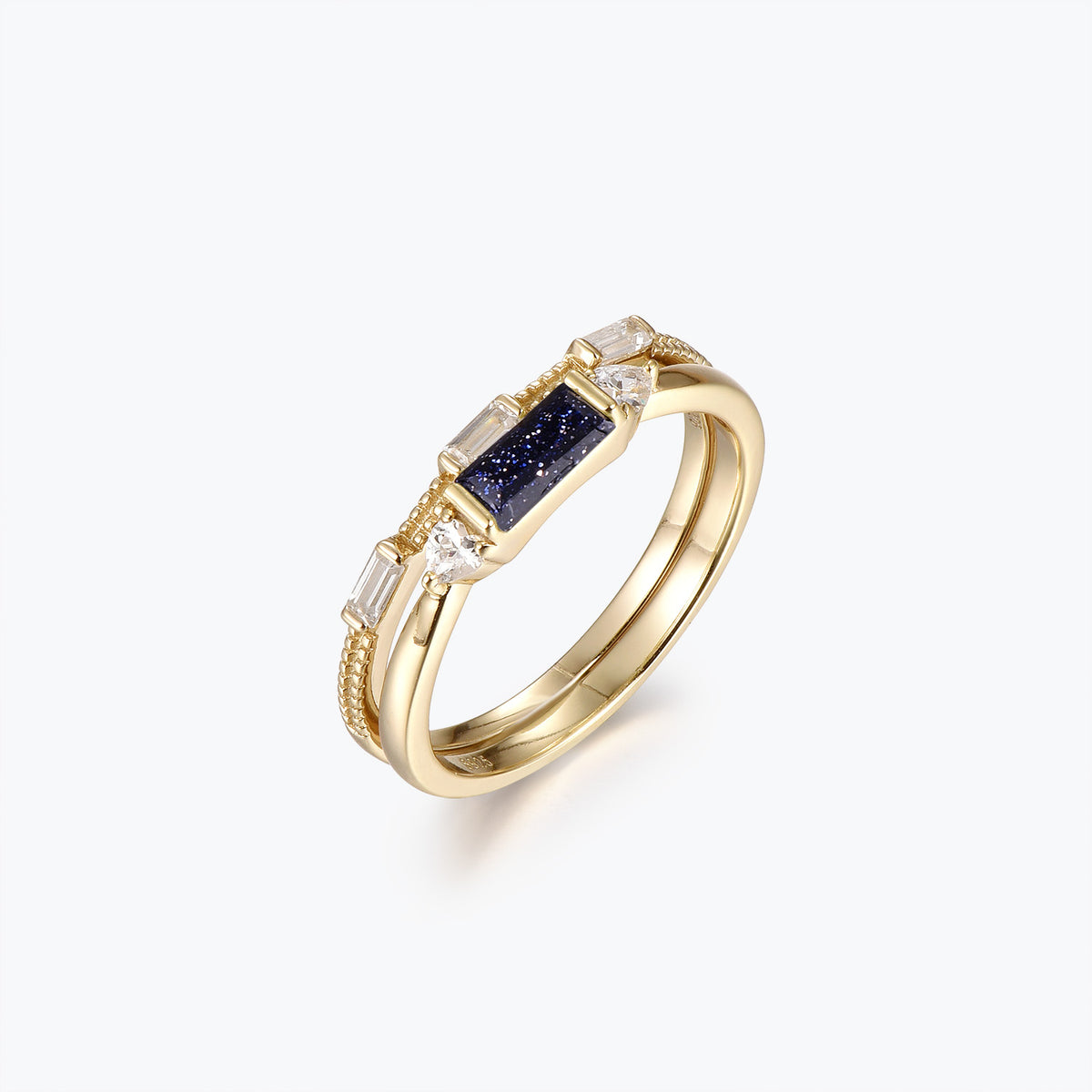 Dissoo® Baguette Blue Goldstone Engagement Ring and Three Baguette Moissanite Wedding Ring