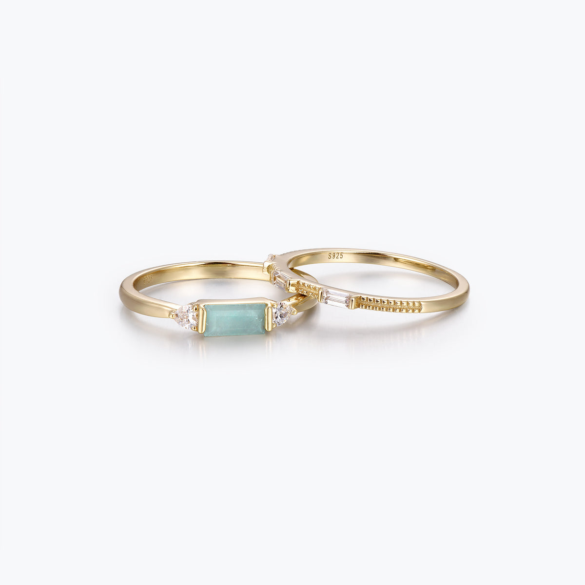 Dissoo® Baguette Amazonite Engagement Ring and Three Baguette Moissanite Wedding Ring