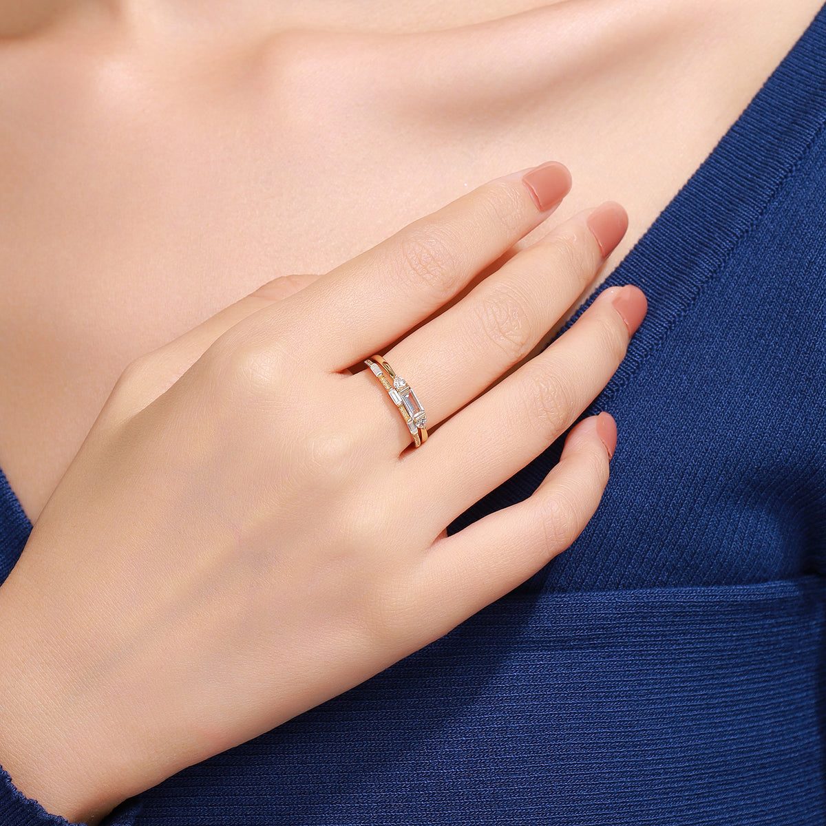 Dissoo® Baguette Moissanite Engagement Ring and Three Baguette Wedding Ring