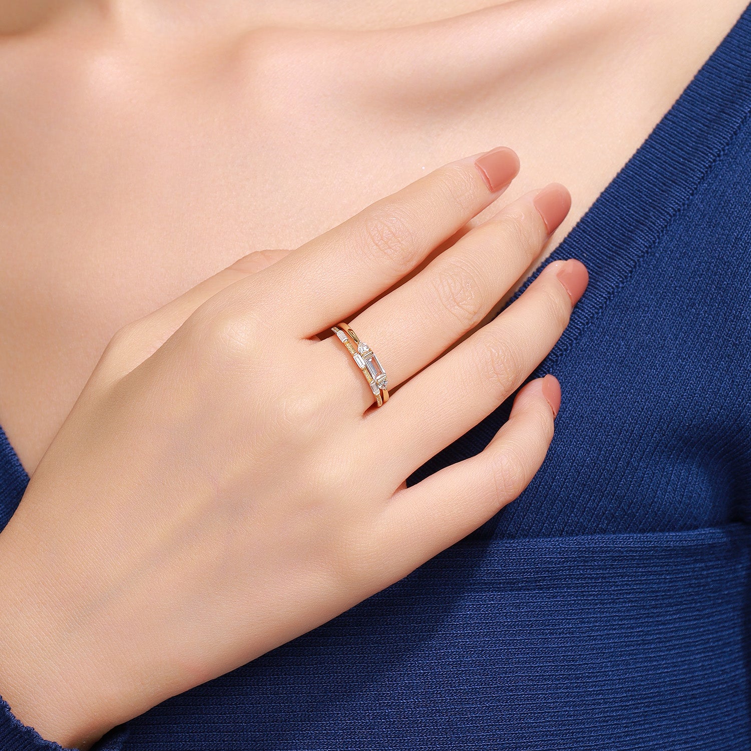 Dissoo® Baguette Moissanite Engagement Ring and Three Baguette Wedding Ring