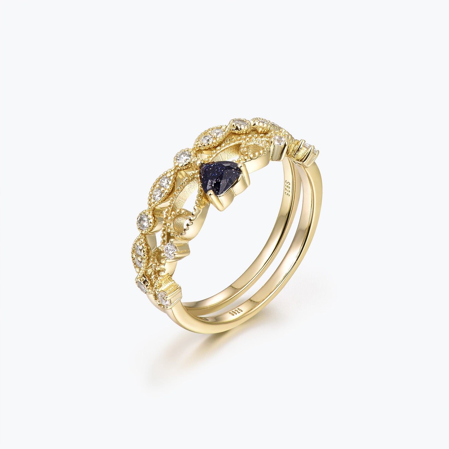 Dissoo® Heart Crown Blue Goldstone Engagement Ring with Gold Versailles Wedding Ring