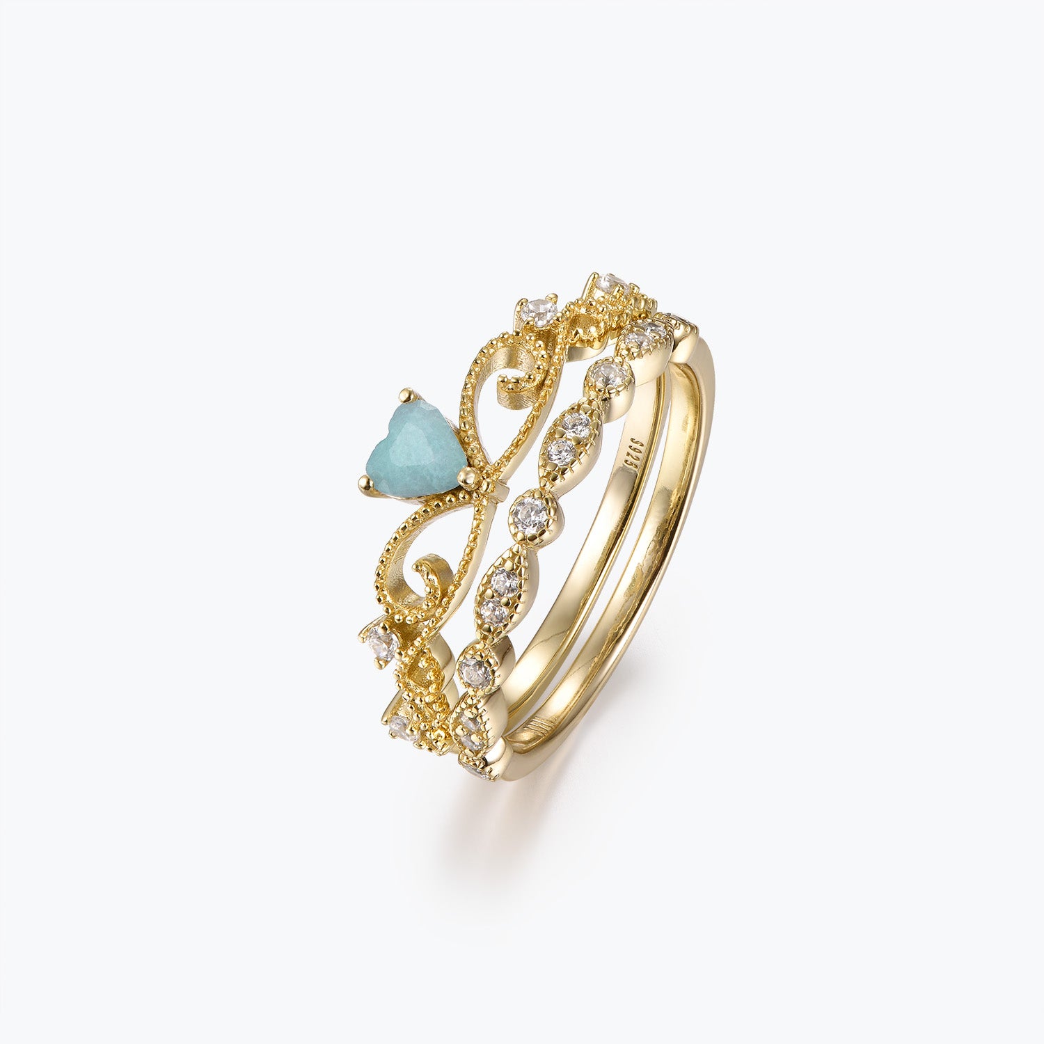 Dissoo® Heart Cut Crown Amazonite Engagement Ring with Gold Versailles Wedding Ring
