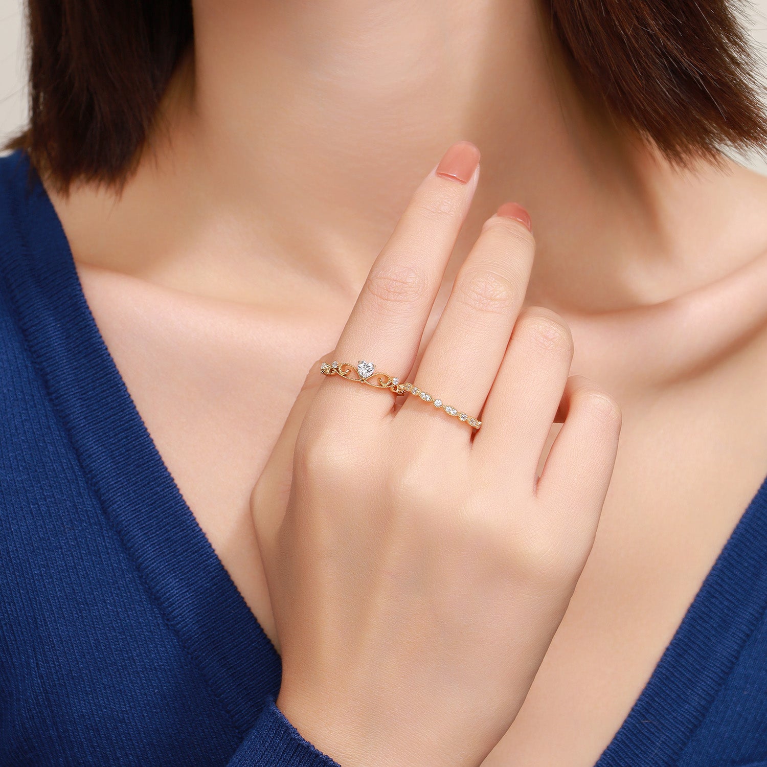 Dissoo® Heart Cut Crown Moissanite Engagement Ring and Gold Versailles Wedding Ring