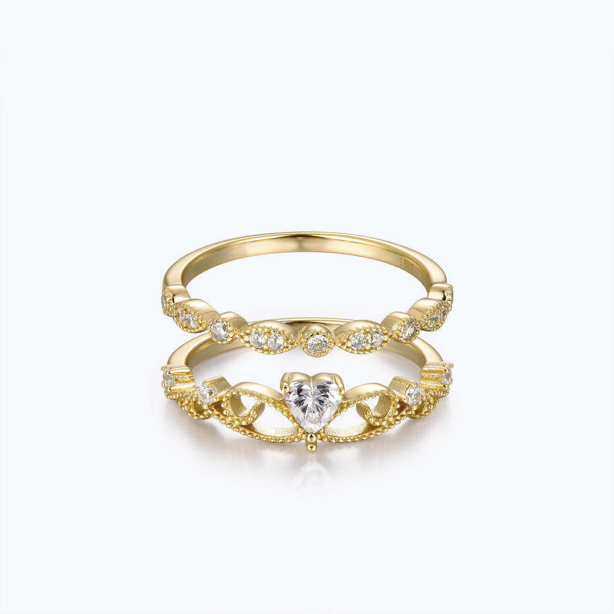 Dissoo® Heart Cut Crown Moissanite Engagement Ring and Gold Versailles Wedding Ring