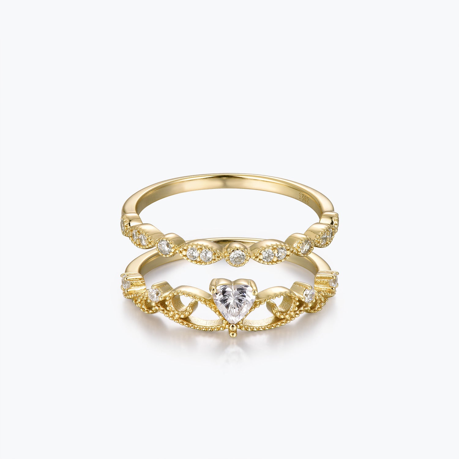Dissoo® Heart Cut Crown Moissanite Engagement Ring and Gold Versailles Wedding Ring