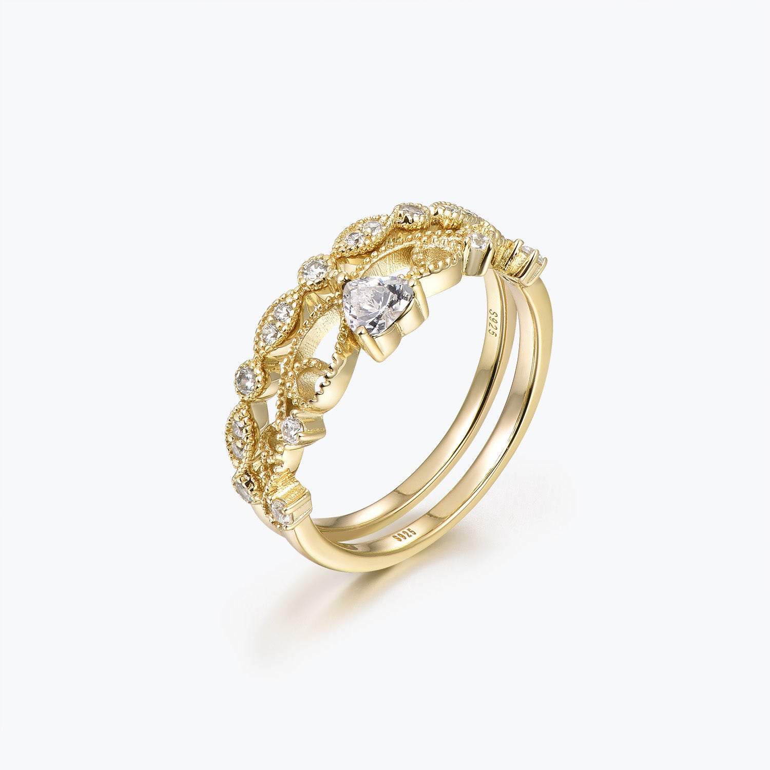 Dissoo® Heart Cut Crown Moissanite Engagement Ring and Gold Versailles Wedding Ring