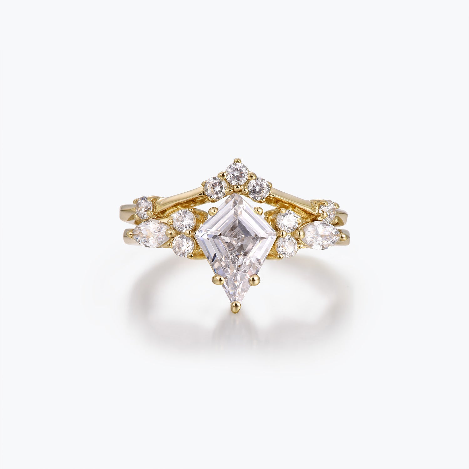Dissoo® Gold Kite Cut Moissanite Floral Cluster Engagement Ring and V-shaped Wedding Ring