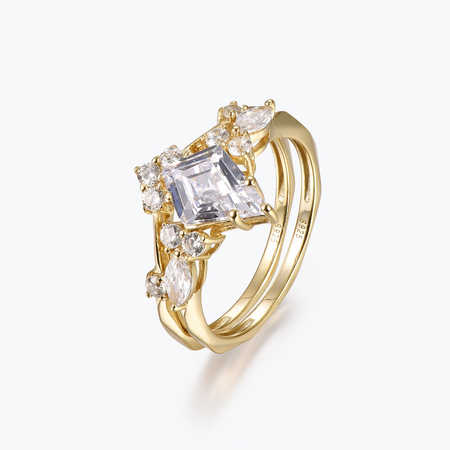 Dissoo® Gold Kite Cut Moissanite Floral Cluster Engagement Ring and V-shaped Wedding Ring