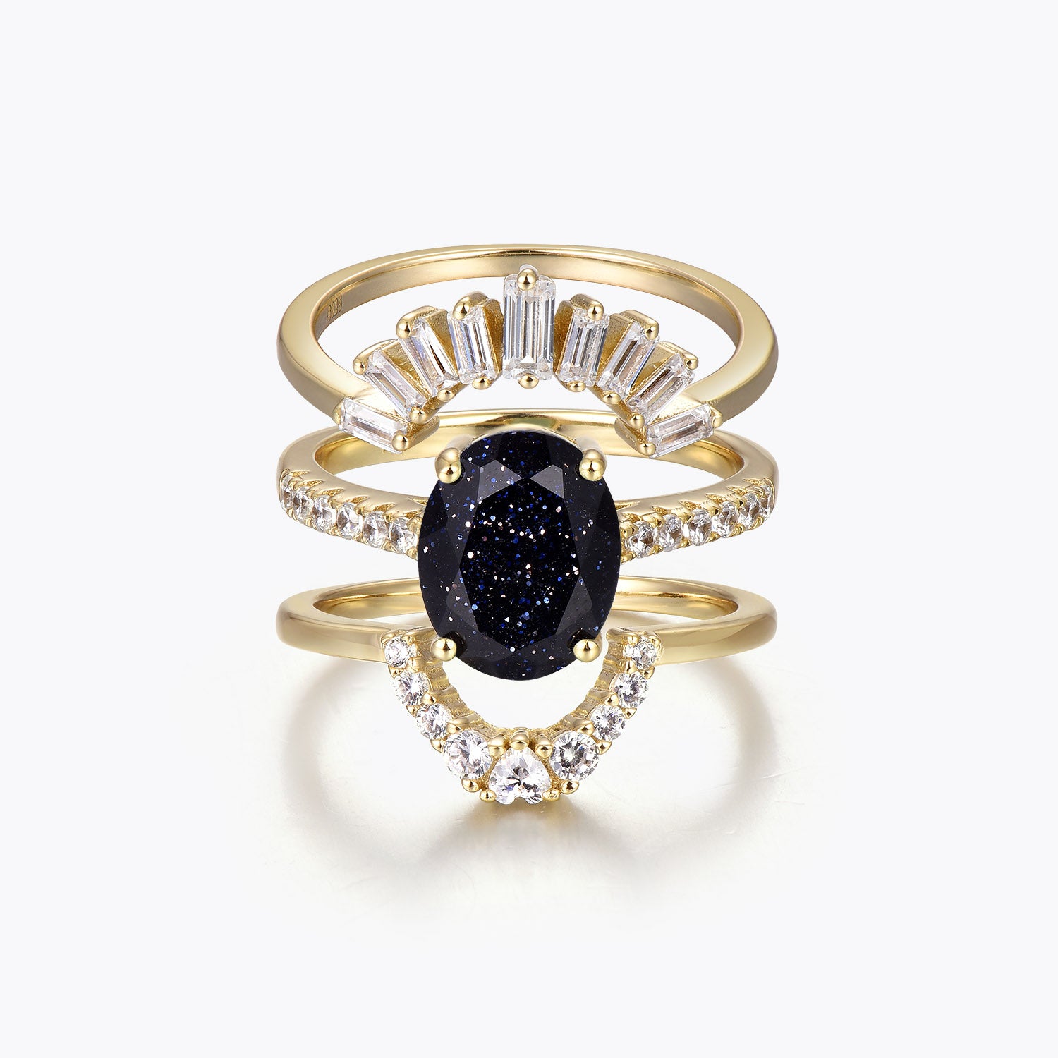 Dissoo® Oval Blue Goldstone Solitaire Pavé Three-Piece Bridal Set in 14K Gold Vermeil