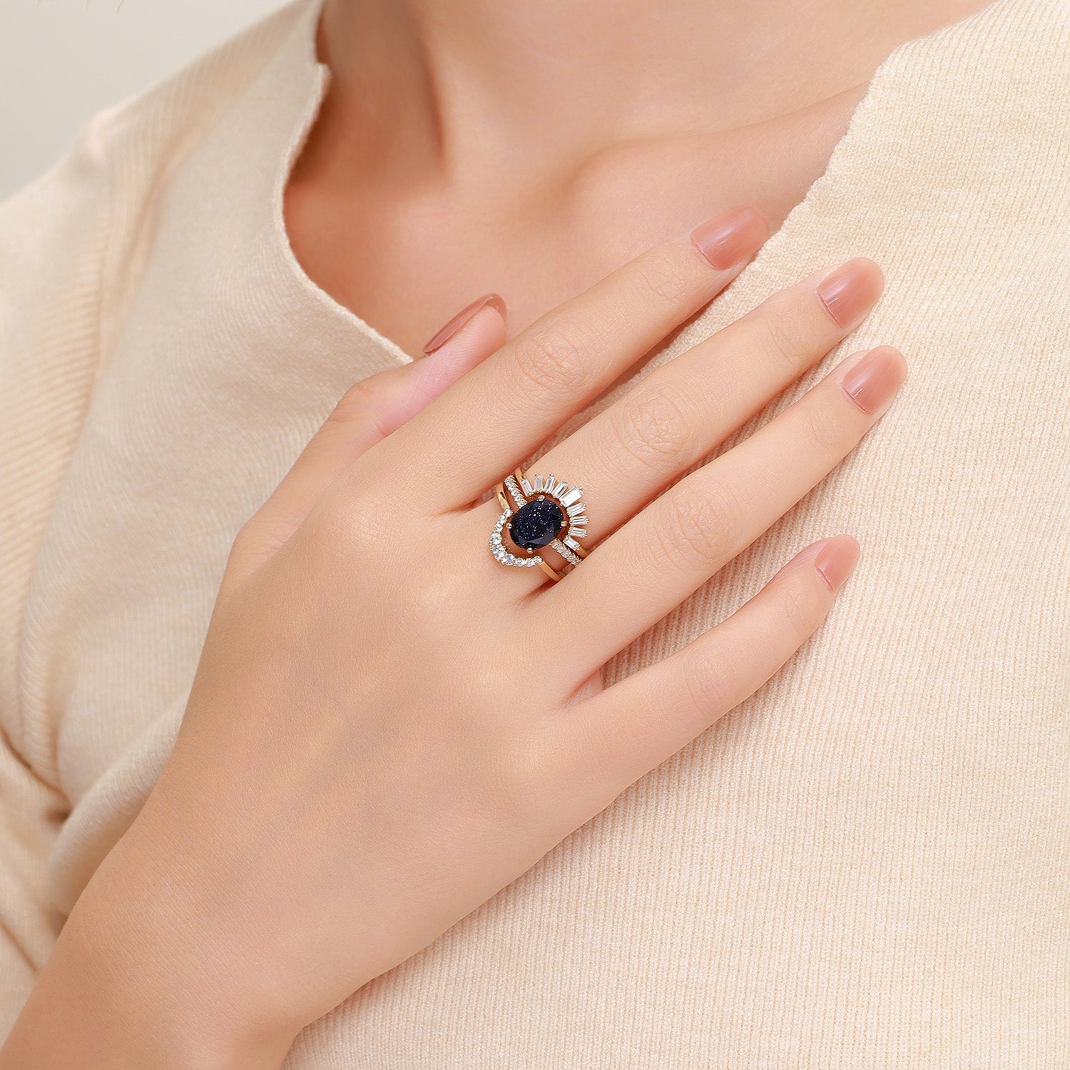 Dissoo® Oval Blue Goldstone Solitaire Pavé Three-Piece Bridal Set in 14K Gold Vermeil