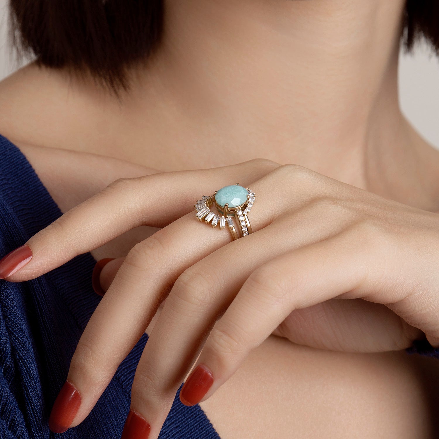Dissoo® Oval Amazonite Solitaire Pavé Three-Piece Bridal Set in 14K Gold Vermeil