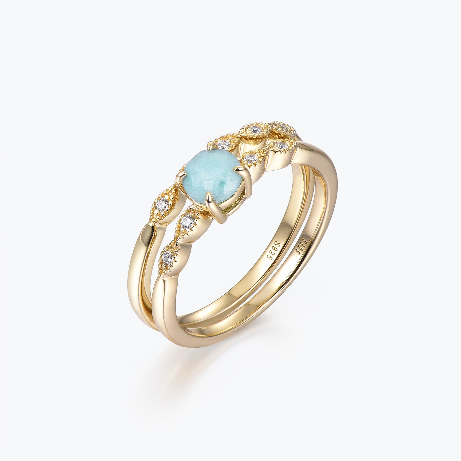 Dissoo® Round Amazonite Engagement Ring and Antique Petite Marquise Wedding Ring