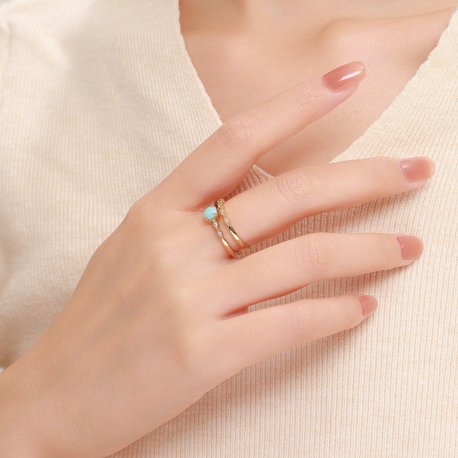 Dissoo® Round Amazonite Engagement Ring and Antique Petite Marquise Wedding Ring