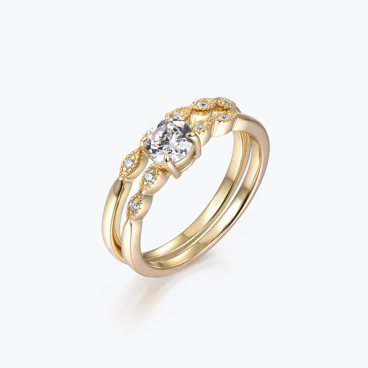 Dissoo® Gold Round Moissanite Engagement Ring and Antique Petite Marquise Wedding Ring